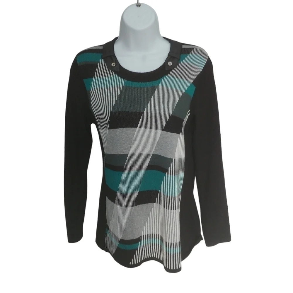 Le Grenier Plaid Striped Knit Sweater with Faux Leather White Black Aqua XS NWOT